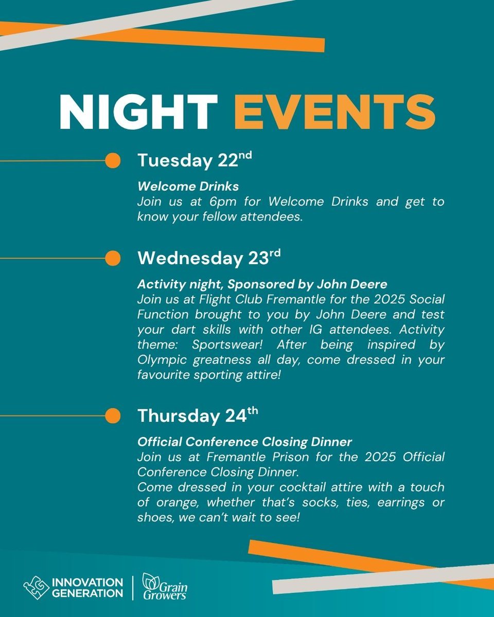 Get social, get sporty, and get ready to shine!

Throw on your best athletic gear for activity night and bring your cocktail glam (with a splash of orange 🧡) for the epic Closing Dinner!

Check out the #IG25 program to stay in the loop! innovationgeneration.com.au/program