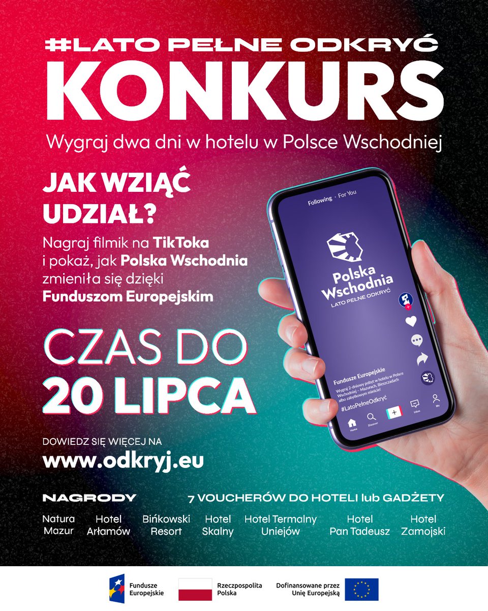 funduszeuewlkp's tweet image. 🎥 #LatoPełneOdkryć z Funduszami Europejskimi! 🇪🇺
Pokaż na TikToku, jak zmienia się Polska Wschodnia z Funduszami Europejskimi! 🏞️ Do wygrania vouchery do top hoteli i zestawy gadżetów. 🎁 Masz czas do 20.07.2025 r.
🔗 Szczegóły 👉 funduszowestory.eu