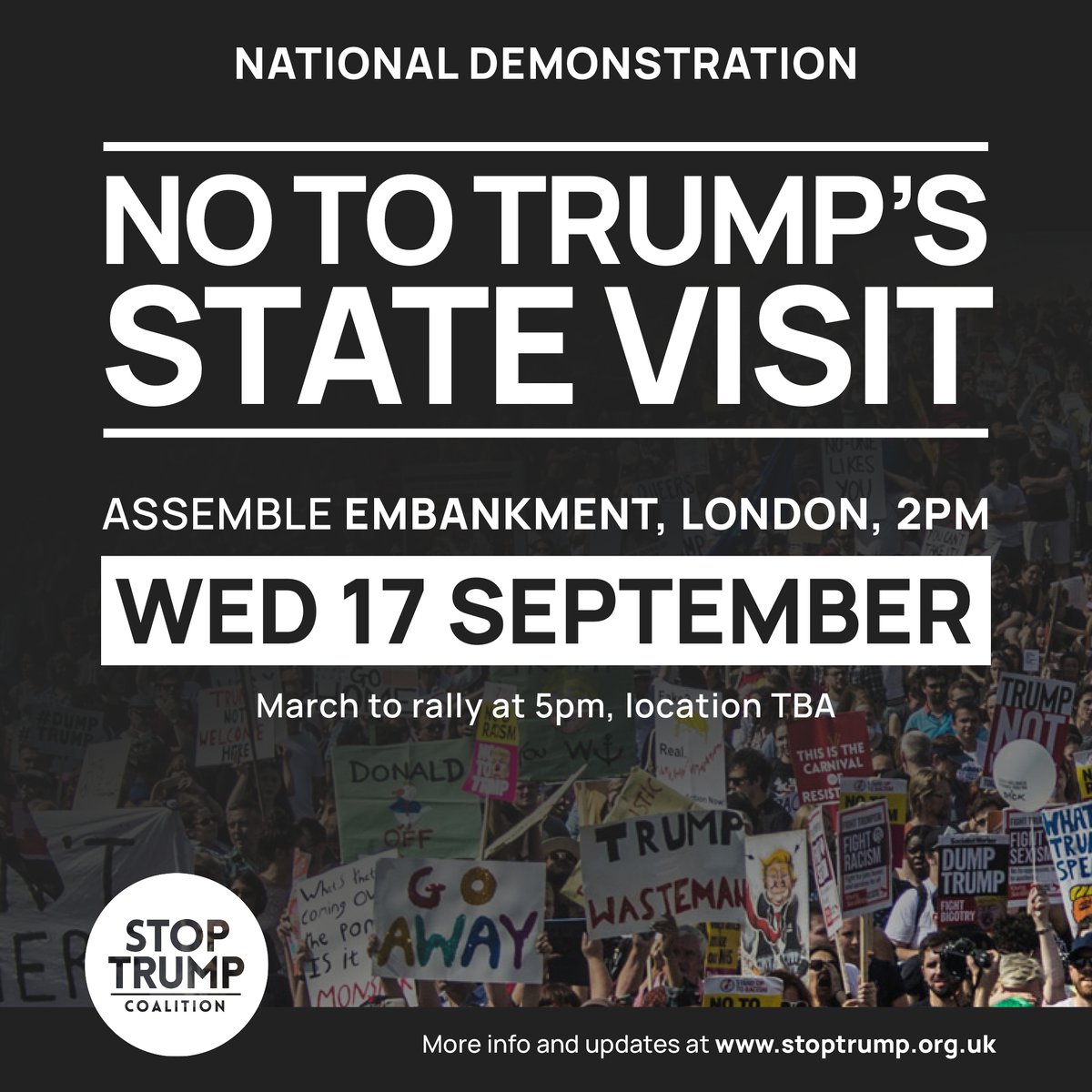 UKStopTrump's tweet image. Trump's UK state visit was just announced for 17 September.
💥💥💥 JOIN THE PROTEST!
Let's make it absolutely massive.
stoptrump.org.uk