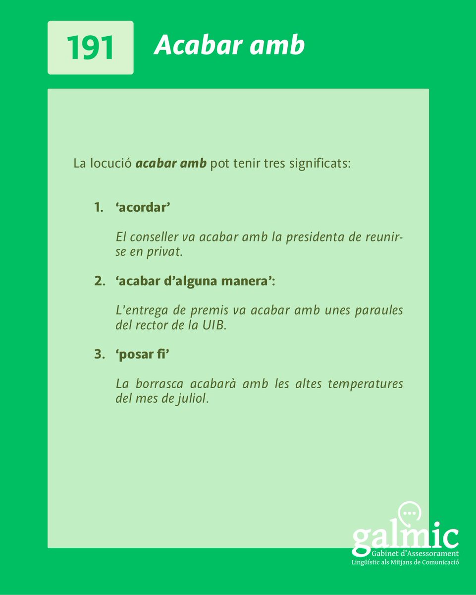 galmicuib's tweet image. 🌡️Qui vol acabar amb aquesta calor? 📩 Arriba la #FitxaLingüística 191, sobre els significats i usos de la locució verbal ‘acabar amb’.
🌐Podeu llegir la fitxa sencera al nostre web: galmic.uib.cat/fitxa/acabar-a…