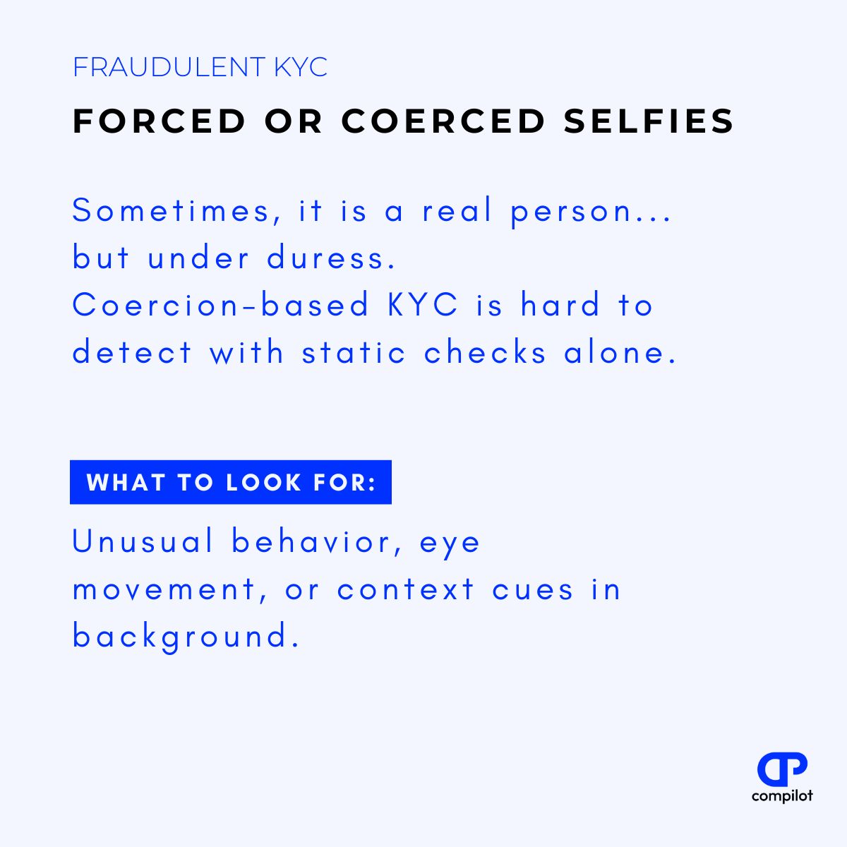 KYC fraud is getting smarter.

👤 3D avatars
🎭 Deepfakes
📸 Forced selfies

Don’t let them slip through.
Book a demo and explore how ComPilot strengthens your first line of defense: buff.ly/c1rVjFu