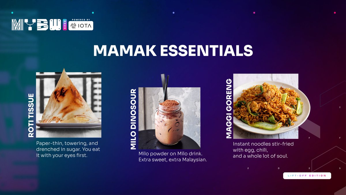 🍽 Mamak Essentials: Late-Night Bites Pt. 1
When the night’s not over, the mamak is always open.
Here’s what to order first:

🥞 Roti Tissue – Paper-thin, towering, and dripping with sugar. The taller the better.
🍫 Milo Dinosaur – Milo on Milo. Extra sweet, extra Malaysian.
🔥