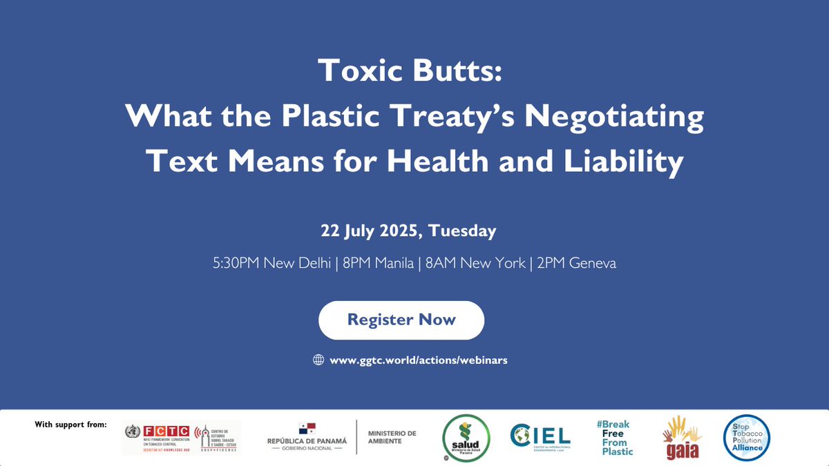As INC-5.2 nears, tobacco’s toxic plastics risk being let off the hook. The WHO FCTC must be upheld.

🗓️ Join our webinar to explore implications of the Chair’s Text &amp; align tobacco control with Plastics Treaty.

📌 Register: ggtc.world/actions/webina…

#UNPlasticsTreaty #INC5.2