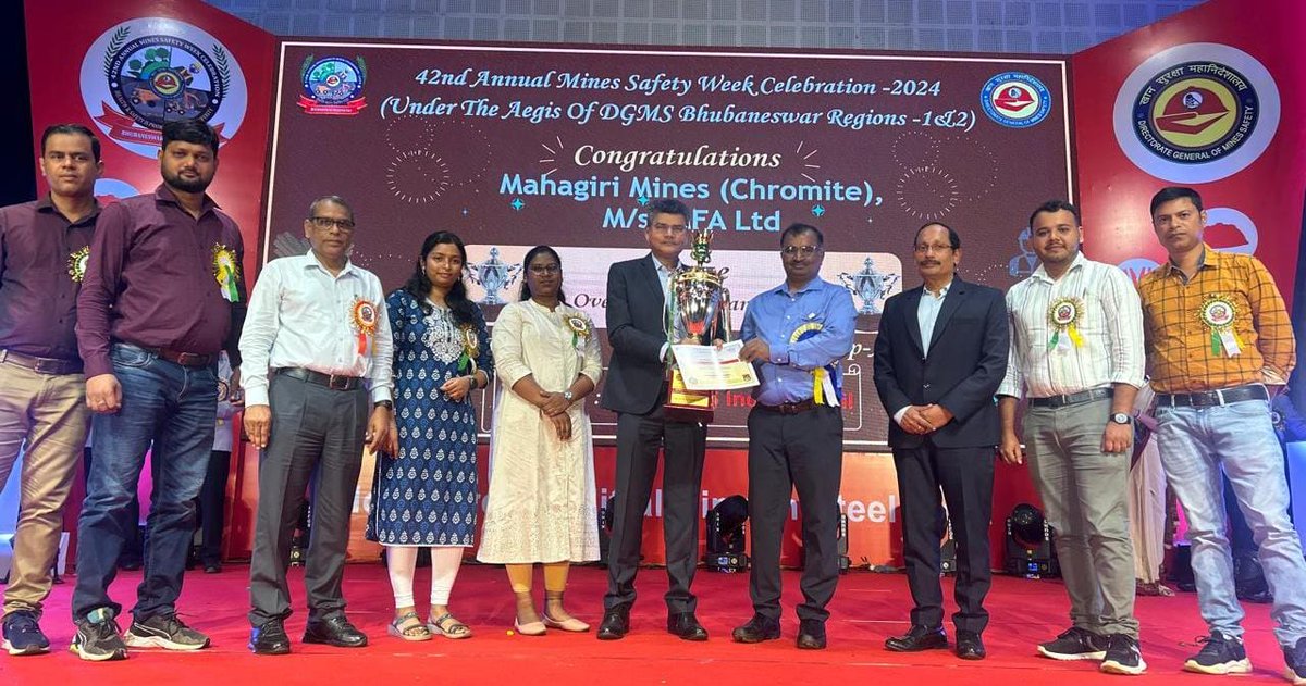 We are happy to share that our Mines Team was recognised at the 42nd Annual Mines Safety Week Celebration 2024 (under the aegis of <a href="/DGMS1902/">DGMS</a>, Bhubaneswar Regions 1 &amp; 2), for their consistent focus on operational excellence and safety.

Mahagiri and Sukinda Chromite Mines were