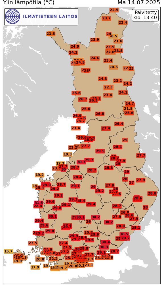 meteorologit's tweet image. Kuluvan kesän korkein lämpötila on jälleen kohonnut uusiin lukemiin: Kaskinen Sälgrundissa mitattiin kello 13.30 lämpötilaksi 31,6 astetta. Tämän päivän korkeimmat havaintoasemittain kuvassa, tilanne kello 13.40 mennessä.
#helle #kesä