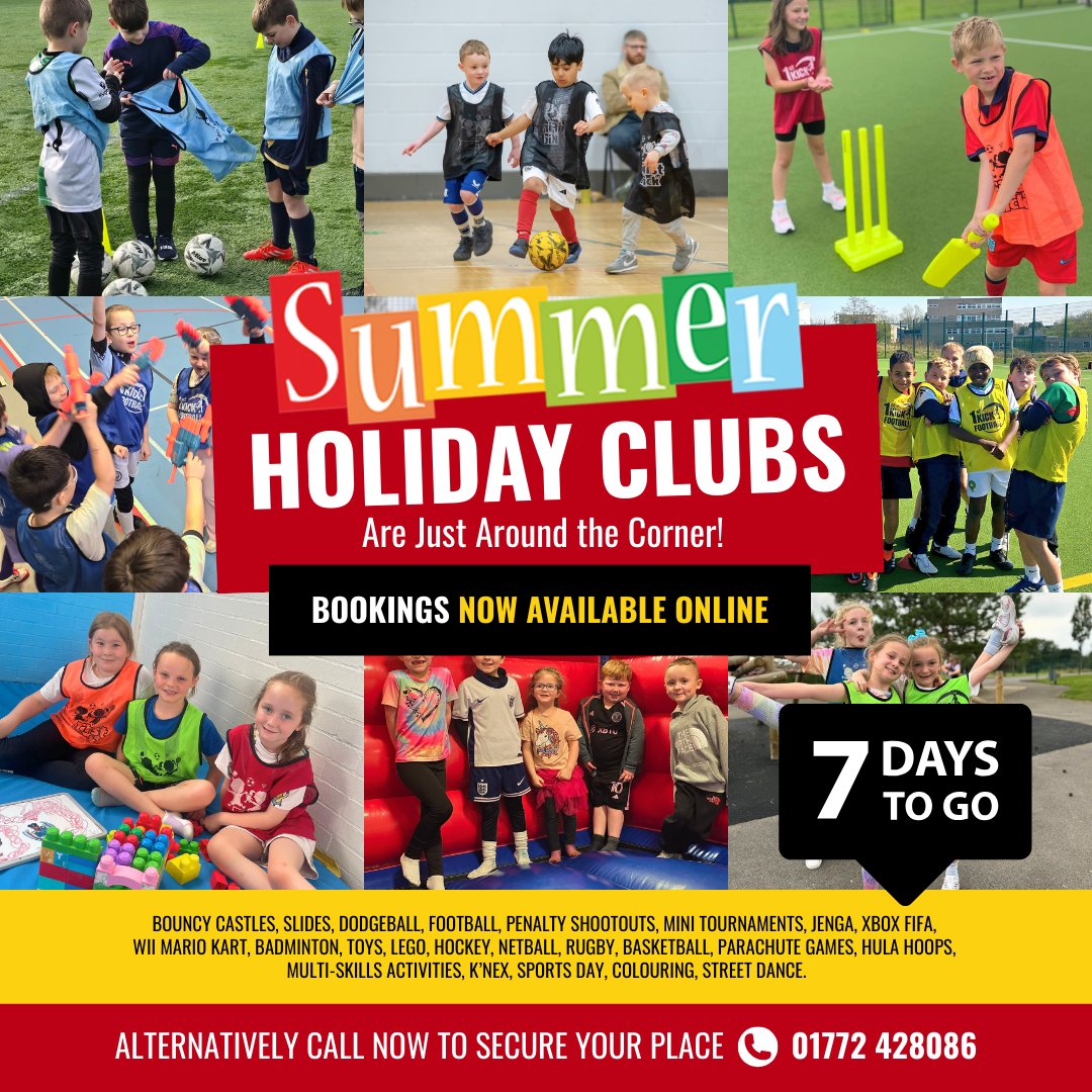 ⏰ Only 1 week until our Summer Holiday Sports Clubs begin! 🎉 Join us for fun, sports, and new friendships! 🏃‍♀️⚽ 

🕗 Daily 8am - 5pm 
📅 21st July - 29th August 

📞 Book now: 01772 428 086 
🌐 firstkick.co.uk/holiday-clubs 

#SummerHolidayCamps2025 #BookNow #HappyKidsHappyParents