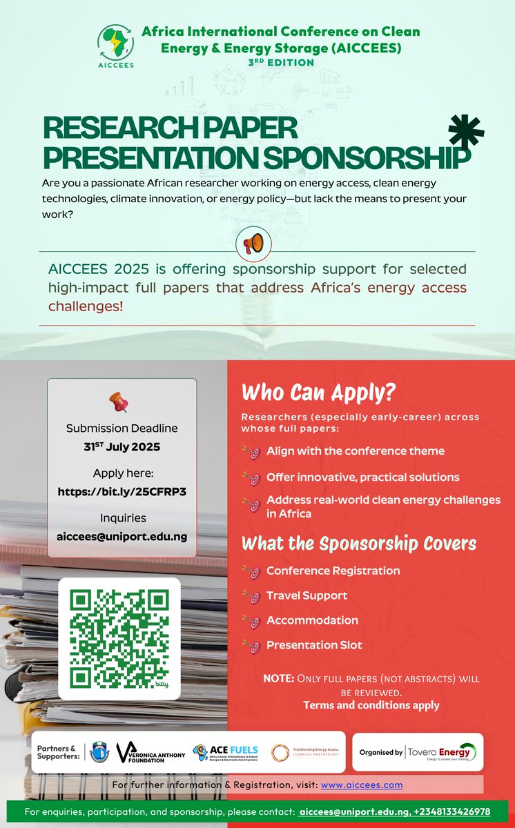 ToveroEnergy's tweet image. Over 500 joined #AICCEES2024 virtually. Speakers & sponsored researchers presented online. We’re doing it again!
🚨 TEA-LP is sponsoring top full papers!
✅ Travel + Reg + Slot (Virtual/Physical)
📌 Deadline: July 31
Apply: bit.ly/25CFRP3
#AICCEES2025 #CleanEnergy