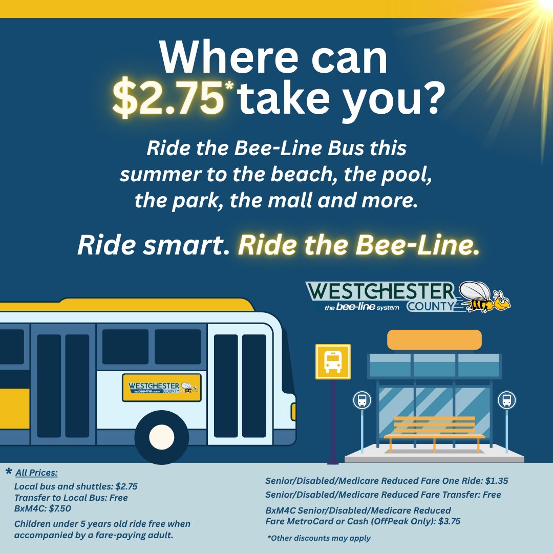 CityOfPeekskill's tweet image. Ride the Bee-Line Bus this summer and get to your destinations for just $2.75! To learn more about the Bee-Line Bus service, please visit westchestergov.com/beeline.