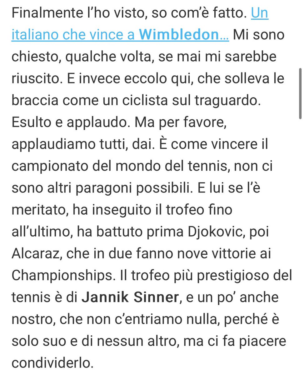 fraversion's tweet image. Adriano Panatta sul Corriere spiega in poche righe #Sinner: “Un ragazzo di molti talenti, ma il più grande sta nella testa, per come riesce a tirare dritto sempre, anche nelle difficoltà. Posso solo dire che in tanti anni di tennis, raramente avevo visto uno come lui”.
#Wimbledon