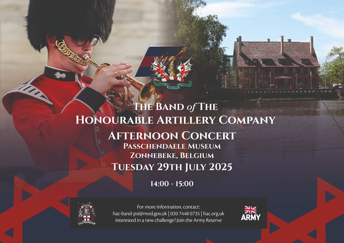 MMP1917's tweet image. On Tuesday 29 July at 2 p.m., The Band of the Honourable Artillery Company will give a free open-air performance in the castle grounds of Zonnebeke. A unique opportunity to hear their impressive sound live — right here in Zonnebeke. ℹ️ passchendaele.be/en/events/conc…