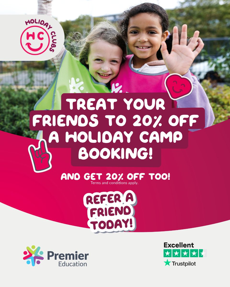 Clubs are better with friends. 🙌

Refer a friend today to join you at our summer holiday clubs and you can both save 20%! Happy days!

Refer a friend: hubs.ly/Q03rSBCd0

#PremierEducation #ReferAFriend #MentionMe
