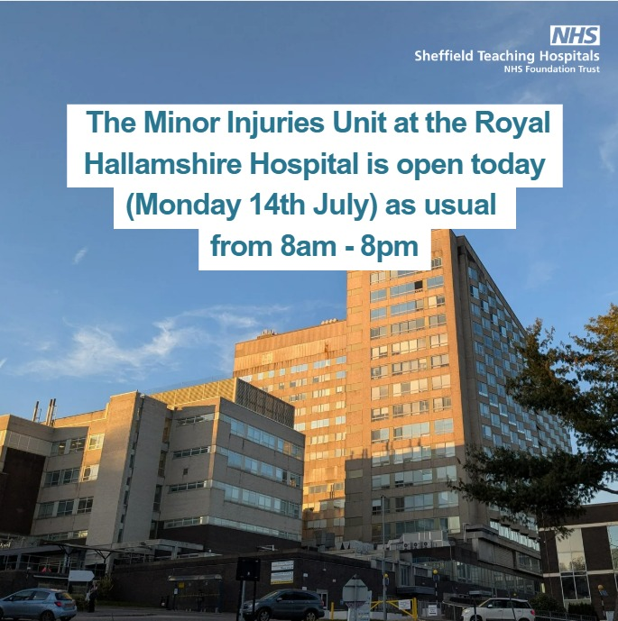 SheffieldHosp's tweet image. 📢The Minor Injuries Unit at Royal Hallamshire Hospital has reopened today (Monday 14th July) as usual from 8am - 8pm for minor injuries and illnesses including broken bones, burns, and cuts.
Visit 👉sth.nhs.uk/sheffield-urge… to help you choose the right service for your symptoms.