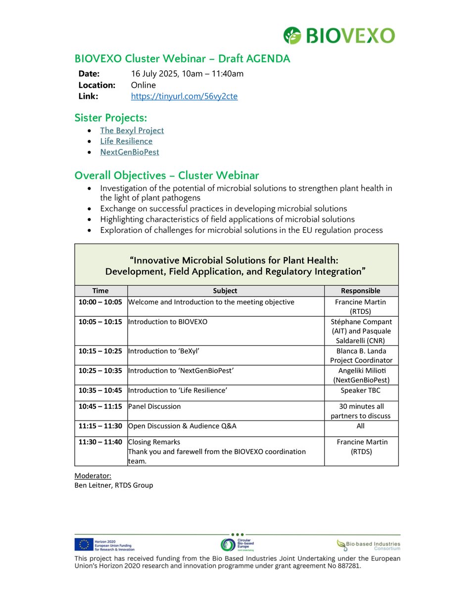 BexylP's tweet image. Our Project Coordinator, Blanca B. Landa, will be representing the #BeXylProject at the upcoming BIOVEXO Cluster Webinar on July 16th! 🎤

She&apos;ll introduce BeXyl&apos;s work as part of this key collaboration with @BIOVEXO_H2020, #LifeResilience, and #NextGenBioPest. The webinar…