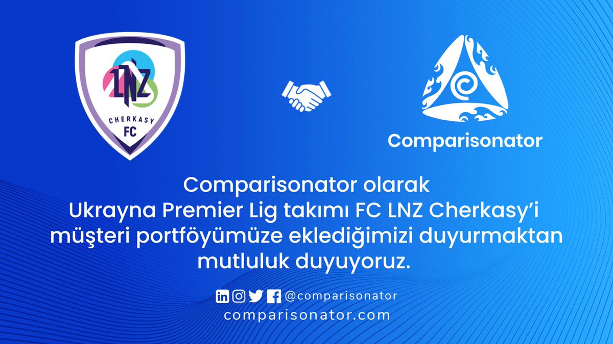 Comparisonator olarak Ukrayna Premier Lig ekiplerinden FC LNZ Cherkasy'i müşteri portföyümüze eklediğimizi duyurmaktan mutluluk duyuyoruz. 🥳