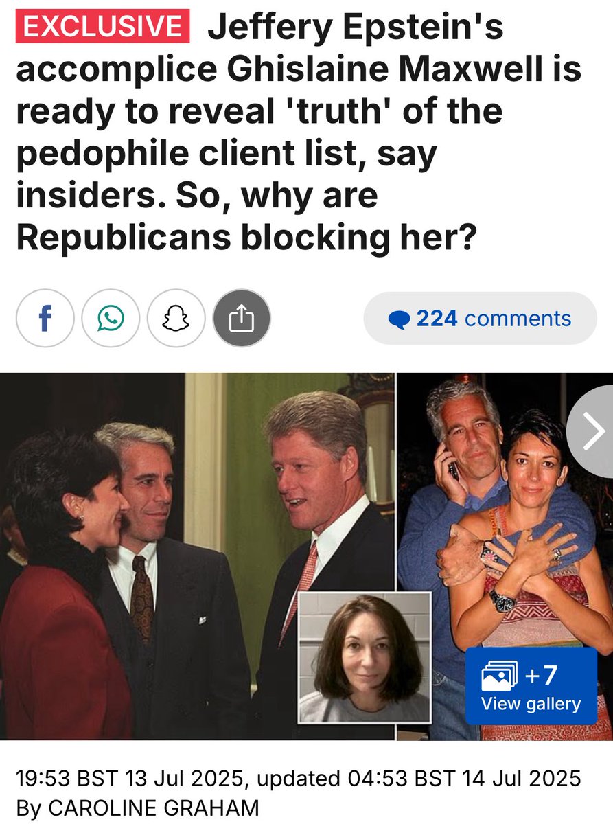 Ghislaine Maxwell is willing to speak in front of Congress about The Epstein Files, sources tell Daily Mail.

“Despite the rumors, Ghislaine was never offered any kind of plea deal. She would be more than happy to sit before Congress and tell her story. No-one from the government