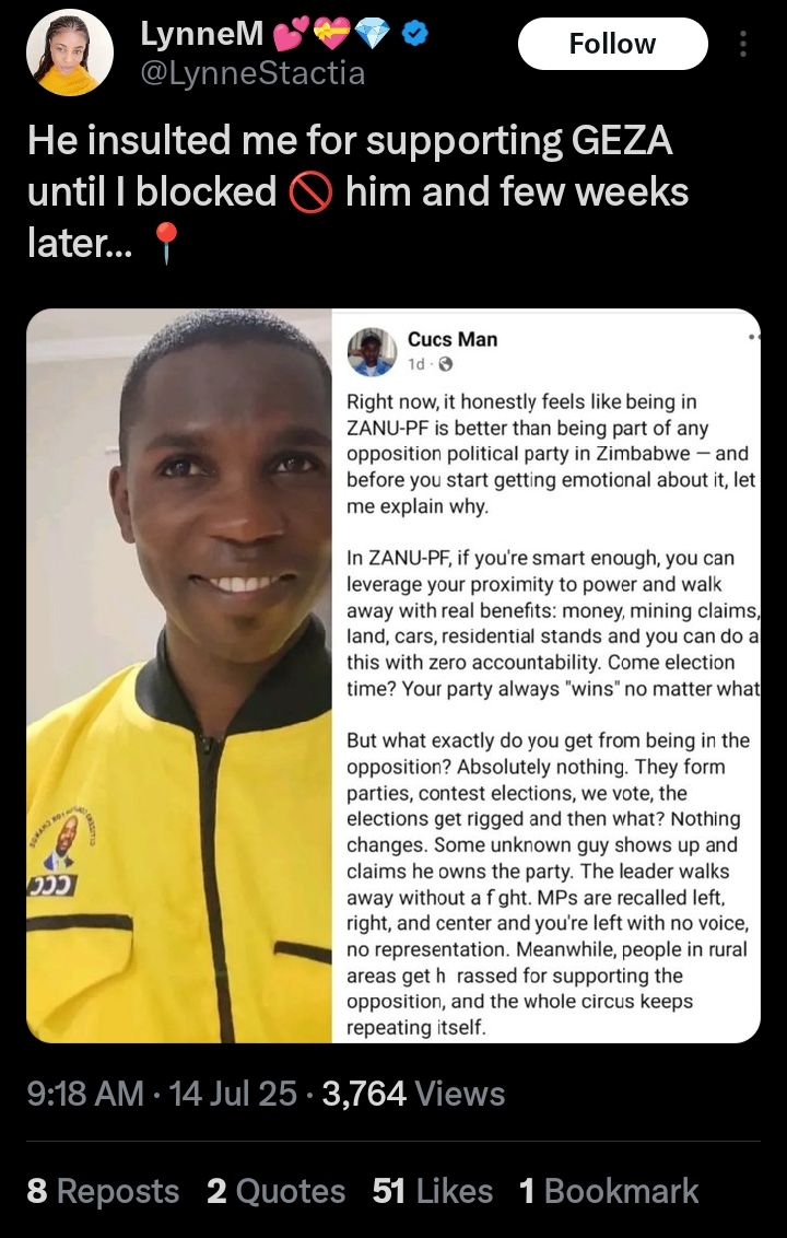 Cucsman (@cucsmane) on Twitter photo Dear <a href="/LynneStactia/">LynneM ๐๐๐</a> ,instead of trying to weaponise my growth, letโs have a real conversation about what authentic political change should look like not this recycling of political faces and factions within a rotten system,no change will come from a Zanupf faction ,Geza is useless Dear <a href="/LynneStactia/">LynneM ๐๐๐</a> ,instead of trying to weaponise my growth, letโs have a real conversation about what authentic political change should look like not this recycling of political faces and factions within a rotten system,no change will come from a Zanupf faction ,Geza is useless