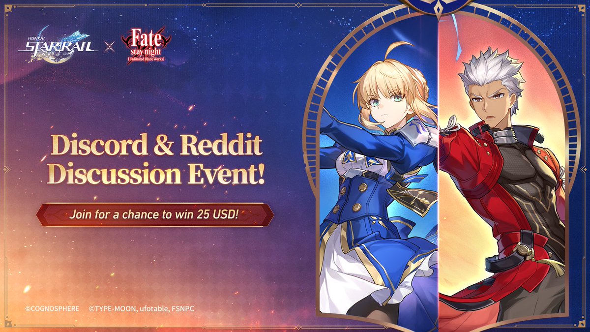 【Rewarded Event】Saber &amp; Archer Strategy Discussion Event

Greetings Trailblazers!

The Honkai: Star Rail × Fate/stay night [Unlimited Blade Works] Collaboration is officially here and we are inviting all trailblazers to join in a strategy discussion to cover the newly released