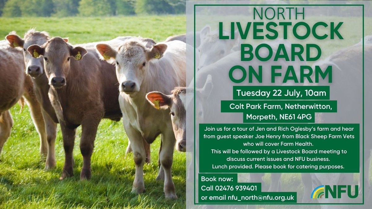 nfunorth's tweet image. Youโre invited to join the NFU North Livestock Board on farm next Tuesday at Colt Park Farm, Netherwitton, Morpeth.
Check out the details โฌ๏ธโฌ๏ธโฌ๏ธ
Book your place now: ๐ 02476 939401 or ๐งnfu_north@nfu.org.uk