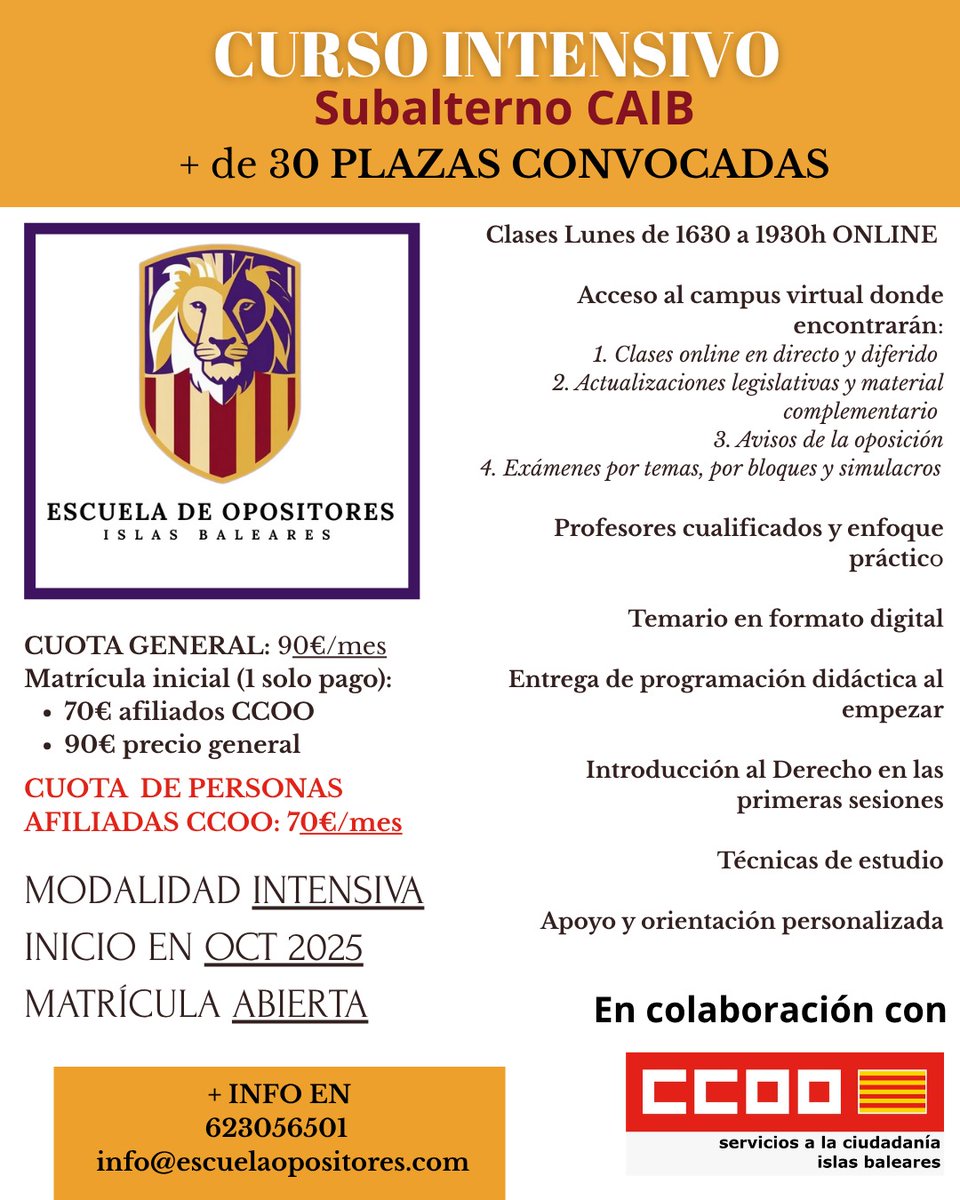 Curs d'oposicions Subaltern CAIB per a les persones inscrites al procés  publicat en el BOIB 38 (27/03/25)

🖥️ Classes online
📅 Dilluns 16:30–19:30
📚 Temari digital, exàmens, suport personalitzat

Tant per les inscrites com per aquelles que vulguin participar en un futur