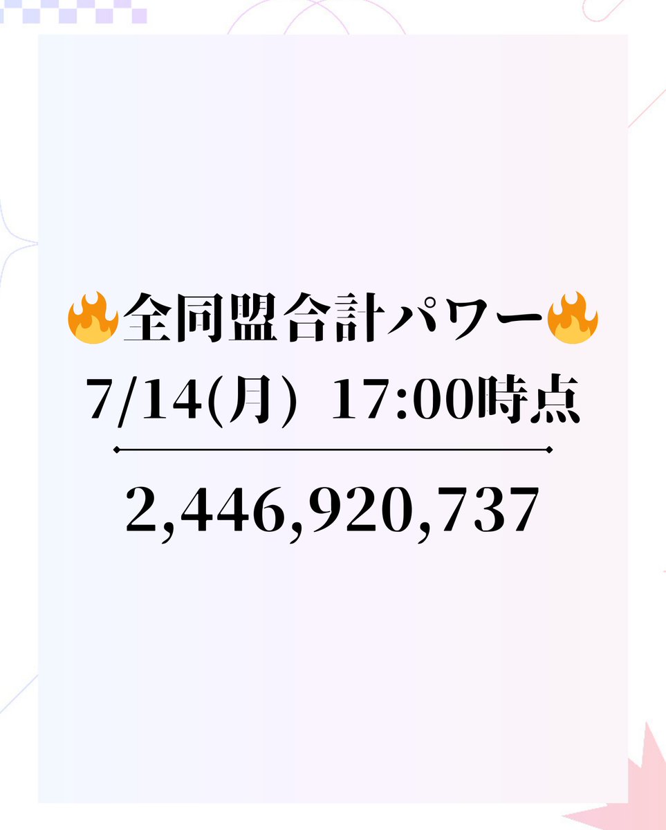 ebst_event_04's tweet image. 【パワー速報📢】
7/14(月)17:00時点の全同盟合計パワーはこちら!💥
⚠️イベント終了まであと約1週間⚠️
残りの期間は…!!
【拠点のレベルアップ】&【パワーアップ】に
全力で取り組もう✊🔥