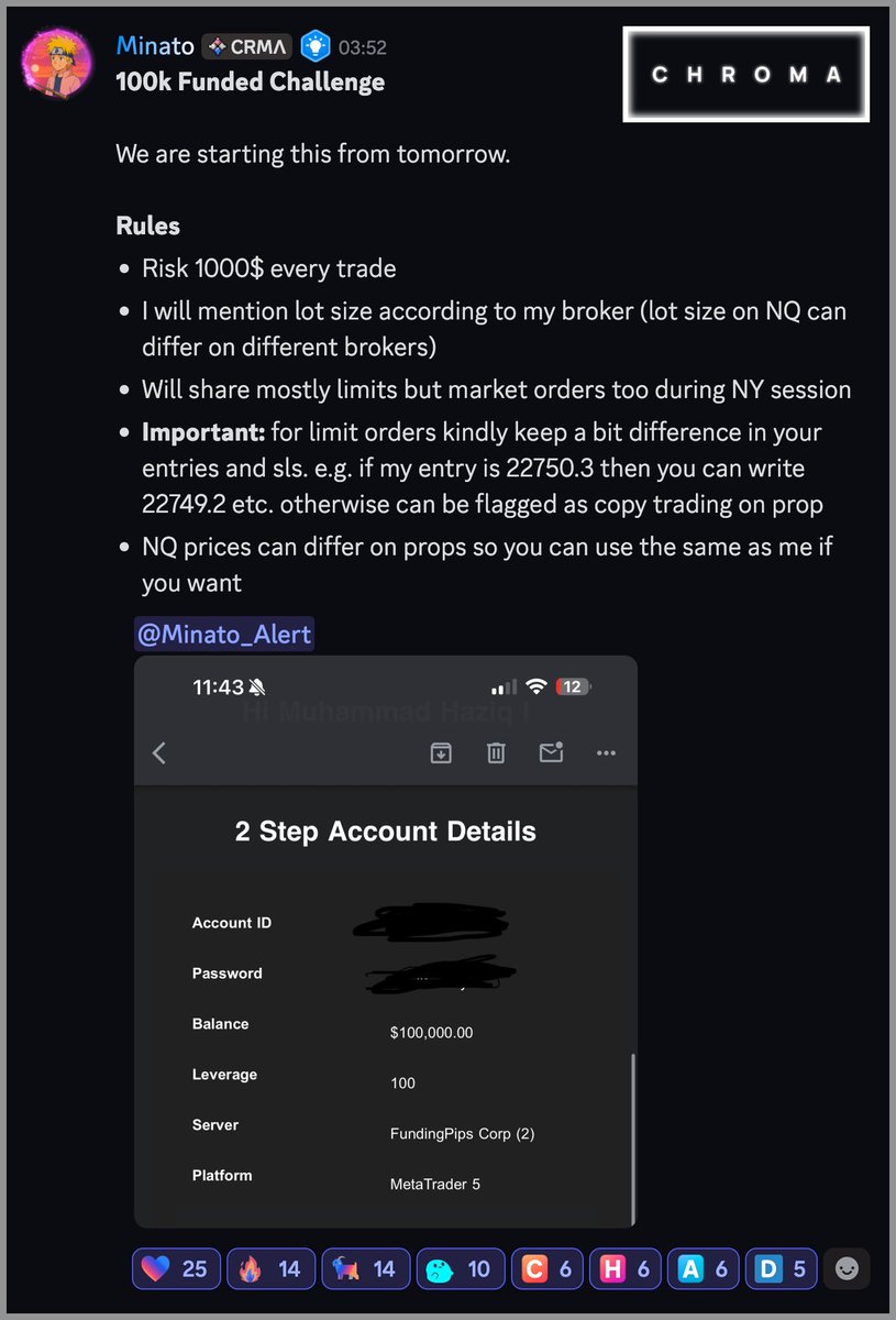 trader_minato's tweet image. New Challenge Loading This Week...
The mission? Get every @Chroma_Trading member FUNDED 💸
The journey’s just getting started, and you can still be part of it 🤝🏻
The hype is real. Let’s win together. 🔥 #TradingChallenge #GetFunded