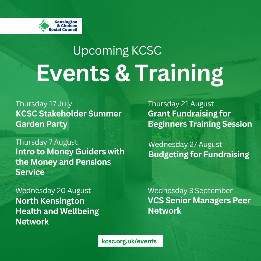 Kicking off with the big one this Thursday, the KCSC Summer Garden Party! ☀️

Then on 07/08, learn more about our WARM Network microgrants  with Lucy, Community Resilience Programme Manager. 

Book your space at kcsc.org.uk/events.