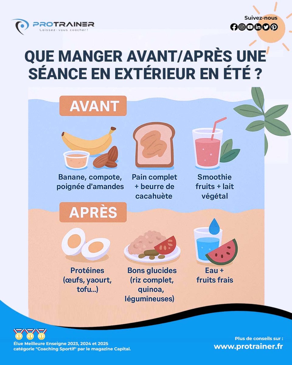 Sport en extérieur cet été ? ☀️
Ton énergie et ta récupération passent aussi par ton assiette 🍎🏊‍♂️

🚰 Astuce bonus : Pense à t’hydrater avant / pendant / après ta séance, surtout en été ! 💦

👉 Rendez-vous sur protrainer.fr pour plus de conseils