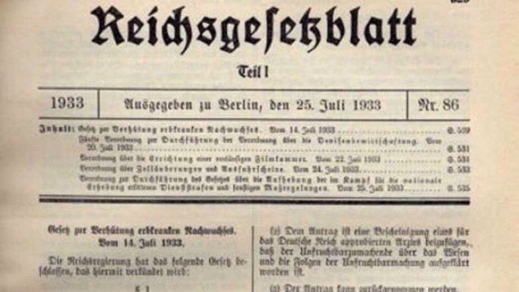 14 July 1933. Hitler’s government announced the Law for the Prevention of Hereditarily Diseased Offspring (“The Sterilisation Law”) which allowed compulsory sterilisation. It became effective from 1 January 1934. Around 400,000 people were sterilised under this law.