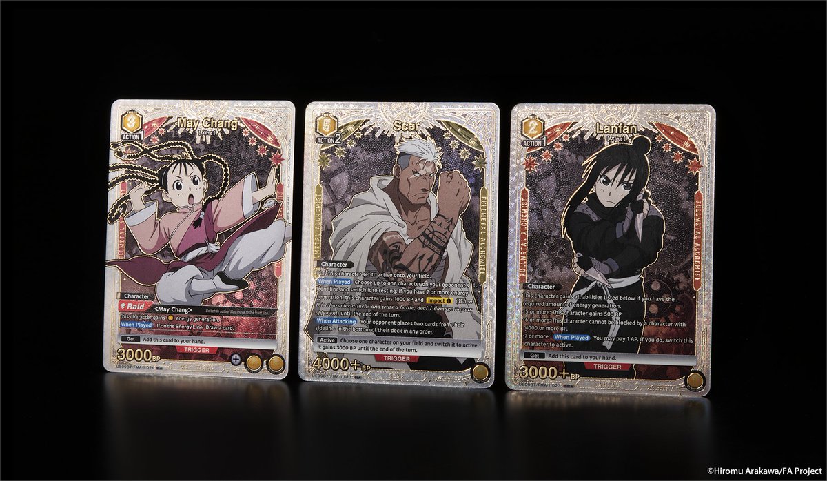 [Card Reveals]
Check out this photo of rare alt-art cards in the FULLMETAL ALCHEMIST [UE09BT] Booster Pack, coming July 25! 👀

➡️ May Chang - R★
➡️ Scar - R★
➡️ Lanfan - SR★

Product details here! 👇
unionarena-tcg.com/na/products/bo…

#UNIONARENA_EN
#FullMetalAlchemist