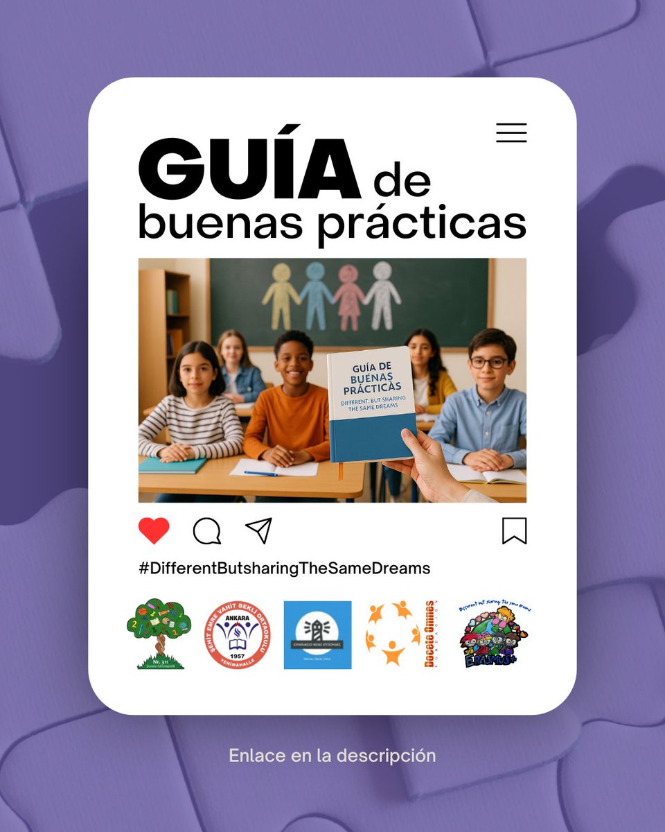 📘 ¿Buscas ideas para fomentar la inclusión en el aula?
Consulta la Guía de Buenas Prácticas del Erasmus+ “Different, but Sharing the Same Dreams”.
Experiencias reales, recursos y metodologías innovadoras.

👉 training.sharingdreams.eu

#EducaciónInclusiva #ErasmusPlus