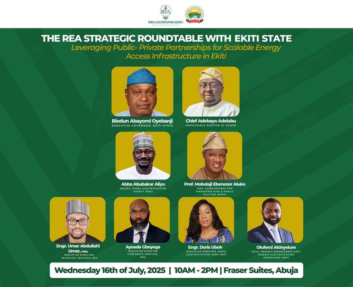 REANigeria (@thereanigeria) on Twitter photo 📢 Are you a mini-grid developer, an investor, an innovator, or a key player in the nation’s renewable energy sector?
Join us at the REA #StatebyStateRoundtable. This week, <a href="/ekitistategov/">Government of Ekiti State</a> is on the schedule! The REA - Ekiti State Roundtable will enable the exploration of 📢 Are you a mini-grid developer, an investor, an innovator, or a key player in the nation’s renewable energy sector?
Join us at the REA #StatebyStateRoundtable. This week, <a href="/ekitistategov/">Government of Ekiti State</a> is on the schedule! The REA - Ekiti State Roundtable will enable the exploration of