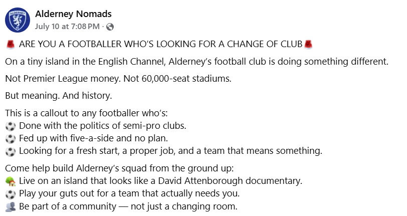 SweeperPod's tweet image. 🇬🇧🏝️ Alderney are the ultimate underdogs of unrecognised football, having not won a game in the Muratti Vase - the annual Channel Islands competition - for 100+ years.
Now, though, they are recruiting players. Want to move to a beautiful island and play football? Check it out ⬇️