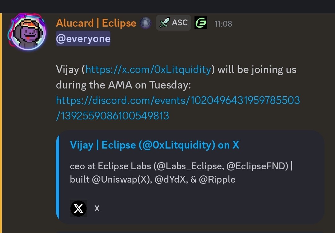 Eugene (@evhenpkh) on Twitter photo Tomorrow, <a href="/EclipseFND/">Eclipse (🐮,🌑)</a> CEO <a href="/0xLitquidity/">Vijay | Eclipse</a> will join us on Discord AMA.
🕗 17:00 UTC
Don't miss it! Tomorrow, <a href="/EclipseFND/">Eclipse (🐮,🌑)</a> CEO <a href="/0xLitquidity/">Vijay | Eclipse</a> will join us on Discord AMA.
🕗 17:00 UTC
Don't miss it!