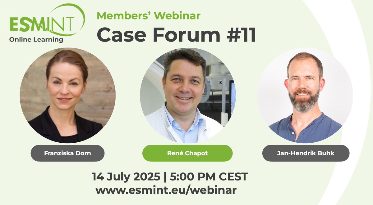 esmintsociety's tweet image. Today, 14 July 2025 at 5 pm CEST | Join René Chapot with Franziska Dorn & Jan-Hendrik Buhk for the next Case Forum. Discuss complex neurointerventional cases and earn 1 CME Credit (EACCME®). @Aggour @GuenegoAdrien @anna_kyselyova @Roland_K_Schwab @JanHendrikBuhk @MPeyT1 @jc__ray