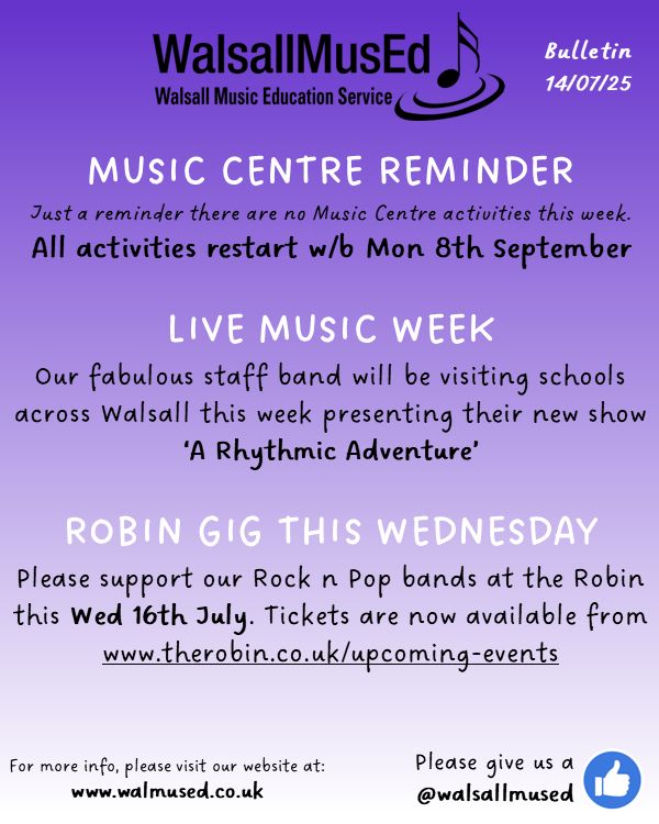 It's LIVE MUSIC week! We can't wait to take our fabulous staff band to play at multiple schools across Walsall this week! 

Plus - it's the Robin THIS WEDNESDAY! 

PS  - don't forget, no music centre activities this week 🙂