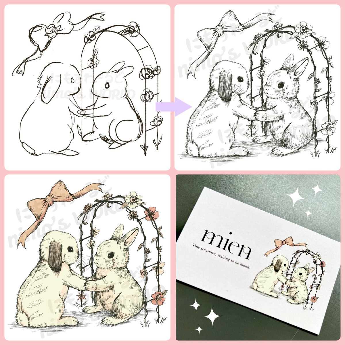 WorldNimo's tweet image. うさぎ羊毛フェルト作家mienさんのご依頼でショップ用イラストを制作!
「こうさぎのお花売り」の絵を見てくださったことがきっかけ!嬉しい🥰
お店のコンセプト「見つけるご縁」を元に作品とお客様が出会う喜びを表現しました❤︎
#イラスト制作 #ショップイラスト #うさぎ #かわいい #イラスト依頼