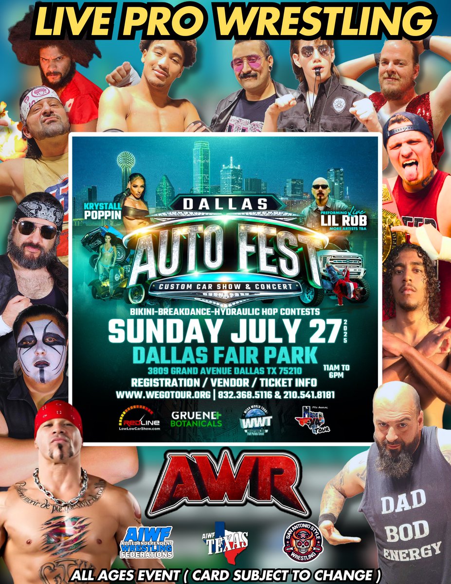 AWR will be in action at The AutoFest which makes it way to Fair Park for the biggest show of the year!

Tix and info:
eventbrite.com/e/autofest-tic…