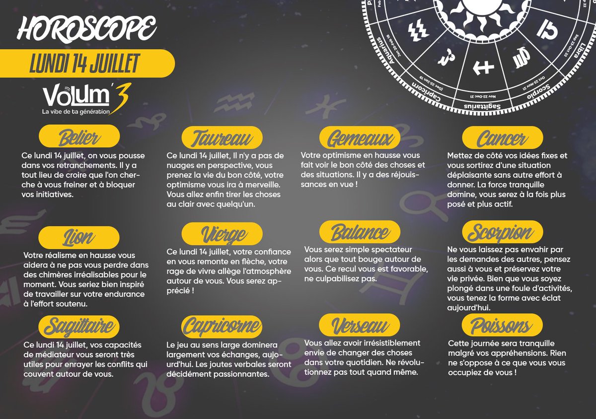 Volum3Cameroun's tweet image. 🌌 L'Horoscope du jour ___  Qu’il s’agisse d’amour, de projets ou de décisions à prendre, chacun ressentira l’envie de sortir des sentiers battus. Découvrez ce que les signes du zodiaque vous réservent en ce lundi inspirant !

#25H2V3 
#LaVibeDeTaGeneration 
#hellojuly