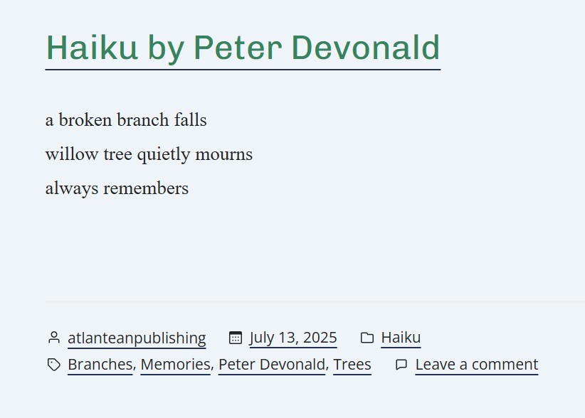 Welcome to your wonderful new week -- delighted to share another Haiku just published 

Huge thanks to DJ Tyrer and #575haikujournal 

#haiku #poetry #DJTyrer

575haikujournal.wordpress.com