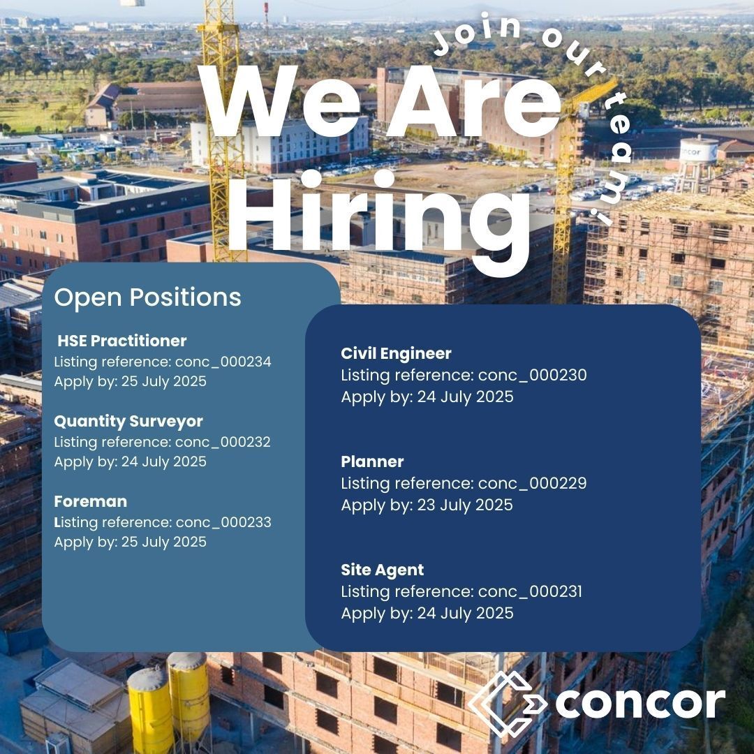 ConcorConstruct's tweet image. Join our growing team at Concor! Have you visited our careers portal lately?
 
We currently have several vacancies available. To learn more please visit and note that application is online only : 
 
careers.concor.co.za/applicant/inde…
 
#NowHiring #WorkWithUs #BuildToLast #SafetyFirst