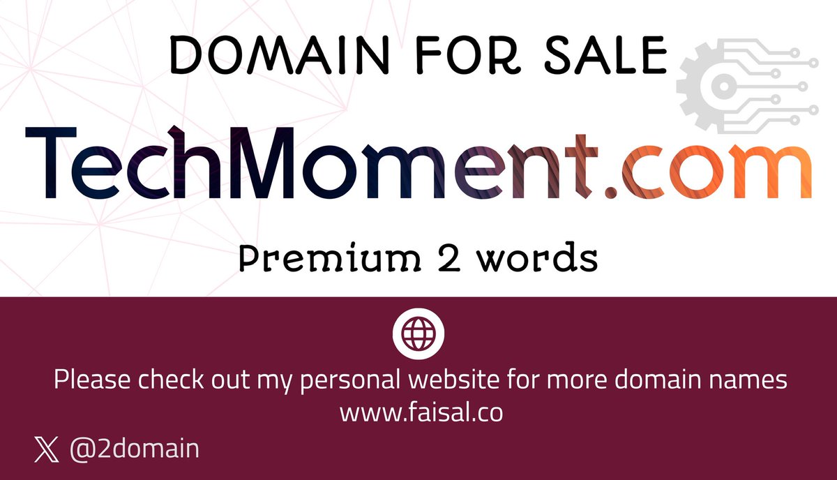 2domain's tweet image. For sale
#domainnames 
#domainforsale 
#TechMoment 
#technology 
#Tech