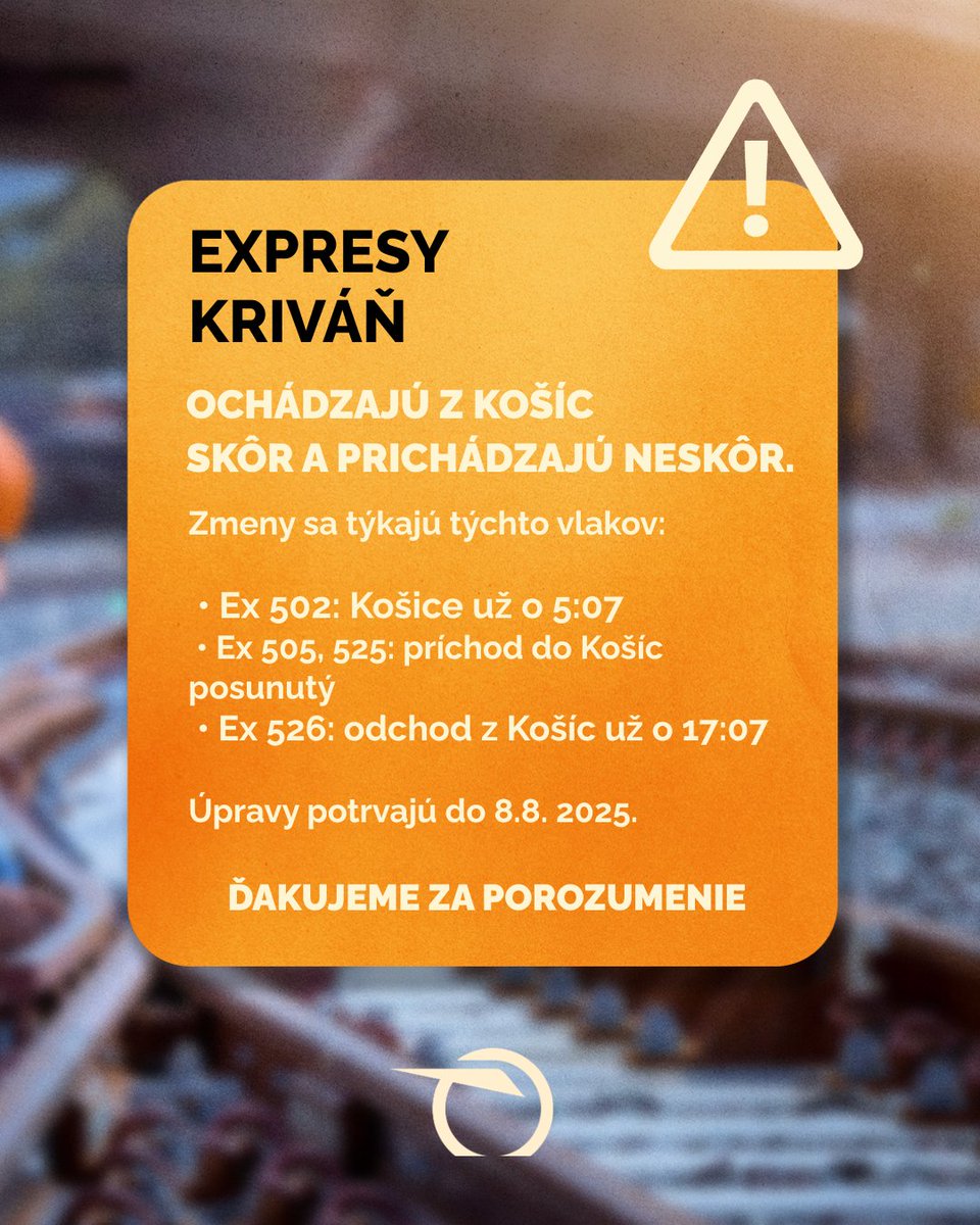 ℹ️ Všimli ste si zmeny odchodov vlakov Ex 5xx KRIVÁŇ? 

Z dôvodu výluky medzi Vydrníkom a Popradom-Tatry. Správca infraštruktúry ŽSR pokračuje ďalšou etapou prác. Z toho dôvodu dochádza k dočasnému obmedzenie vlakov diaľkovej dopravy Ex 5xx KRIVÁŇ.