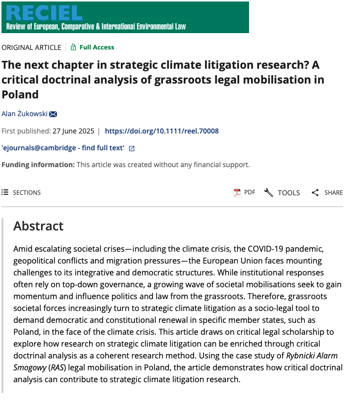 RECIELjournal's tweet image. Can legal doctrine enable grassroots climate action?

Alan Żukowski examines the Rybnicki Alarm Smogowy case in Poland, proposing critical doctrinal analysis as a method to study strategic climate litigation amid democratic backsliding.

Read: doi.org/10.1111/reel.7…