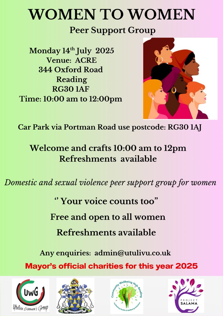 Today women to women peer support group Come along if you can fro. 10am to 12pm 

#Utulivu #Acre #Communitywellbeinghubreading #talkingtherapies #Berkshirehealthcarefoundationtrust #ProjectSalama