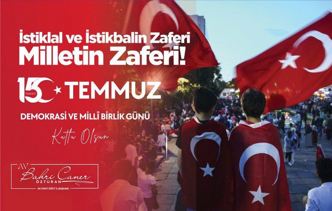 🇹🇷 15 Temmuz Demokrasi ve Millî Birlik Günü Kutlu Olsun 🇹🇷
Bu aziz millet, 15 Temmuz 2016 gecesi bir kez daha gösterdi ki; bayrağı, vatanı ve demokrasisi için canını ortaya koymaktan asla çekinmez.
Şehitlerimizi rahmetle, gazilerimizi minnetle anıyoruz.
Birlik ve beraberliğimiz