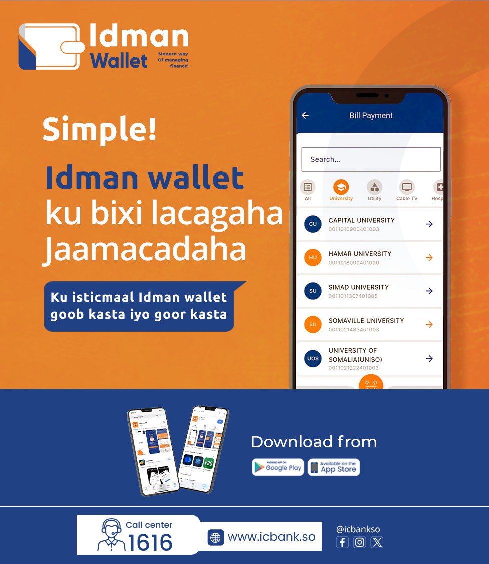 ICBankSo's tweet photo. Pay University Fees Easily with Idman Wallet!
No lines, no hassle—just open your Idman Wallet app and pay from anywhere, anytime.
Download now on Google Play or the App Store. https://t.co/Q4RmvG8J4D