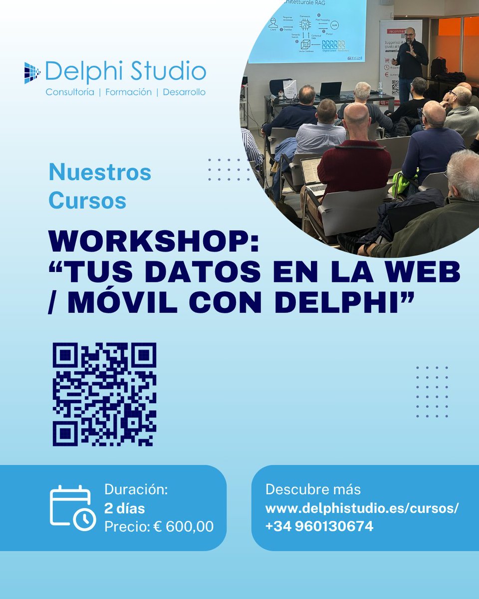 delphistudio_es's tweet image. Incluye el desarrollo real de un sistema Web Móvil completo utilizando DelphiMVCFramework.

📍 Opciones de Curso: en clase o personalizado (también online)
¿Qué esperas? ¡Si estás interesado, contáctanos!

Para más información ➡ delphistudio.es/cursos/worksho…