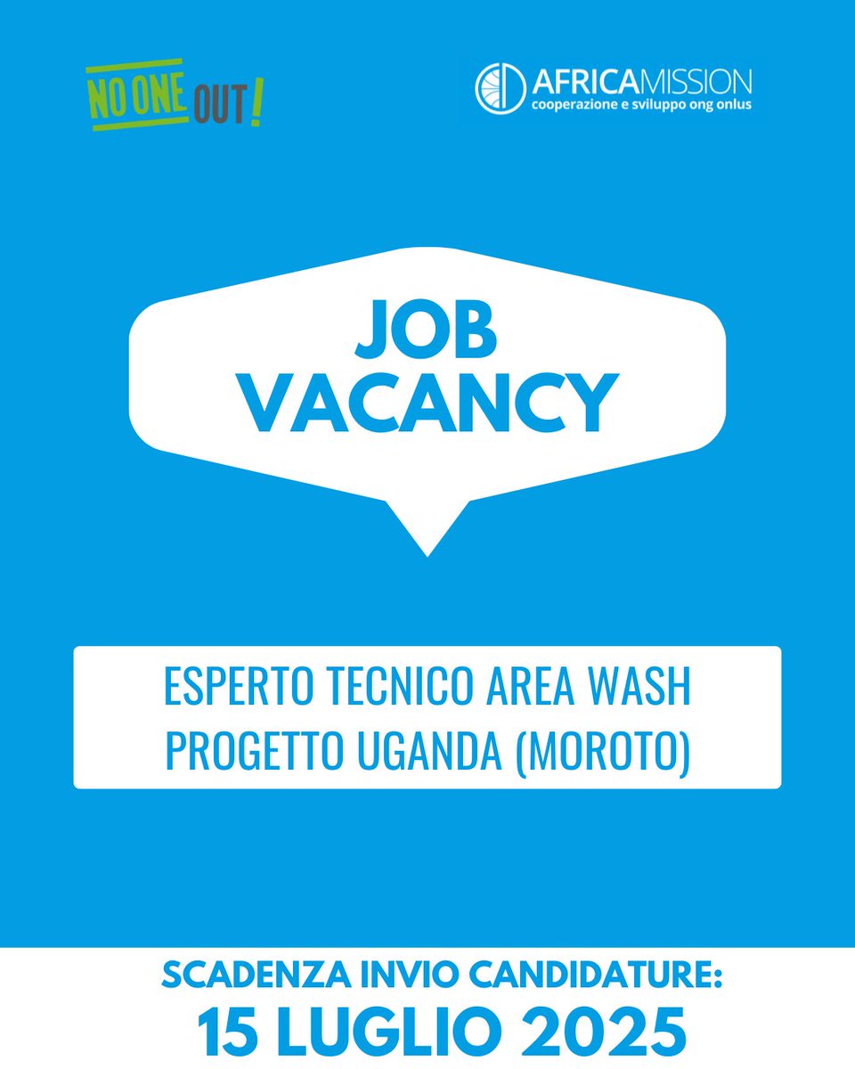Africa Mission C&D (@africa_mission_) on Twitter photo Cerchiamo un esperto tecnico Area WASH per seguire un progetto di sviluppo ambientale e WASH, in accordo con l’equipe locale già presente in loco e il coordinatore di progetto <a href="/nooneoutong/">NO ONE OUT</a> .
Scadenza: 15/07⏰
Inizio: 01/09 📆
Sede di lavoro: Uganda
Candidati!
#africamission Cerchiamo un esperto tecnico Area WASH per seguire un progetto di sviluppo ambientale e WASH, in accordo con l’equipe locale già presente in loco e il coordinatore di progetto <a href="/nooneoutong/">NO ONE OUT</a> .
Scadenza: 15/07⏰
Inizio: 01/09 📆
Sede di lavoro: Uganda
Candidati!
#africamission