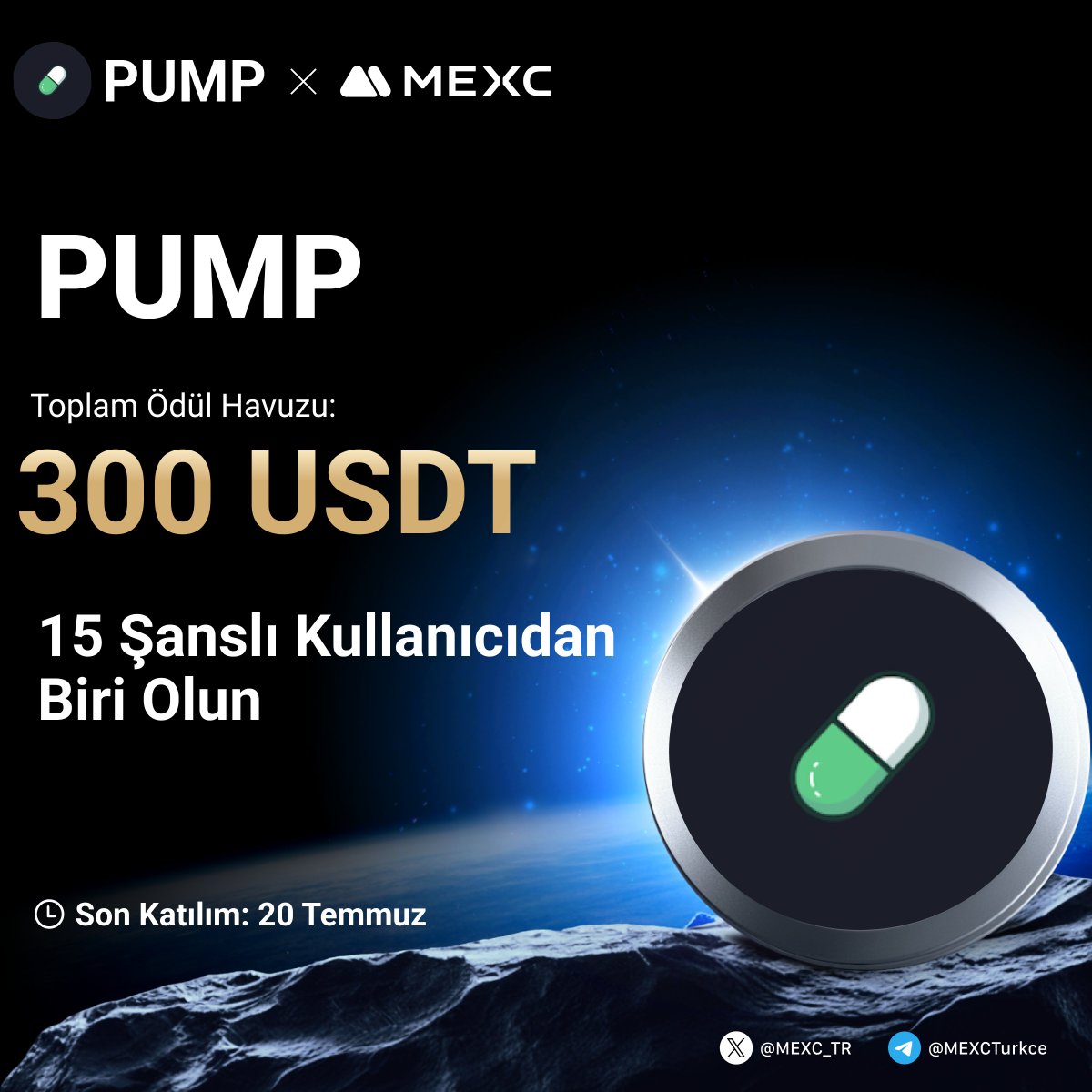 🎉 $PUMP'nin #MEXC 'de Listelenmesini Erkenden Kutluyoruz!

🤩300 $USDT den Payınızı Kazanmak İçin Yapmanız Gerekenler;

🔹Takip Edin: <a href="/MEXC_TR/">MEXC_TR</a>
🔹Formu Doldurun;mexctr.info/3U8hrQi
🔹Bu gönderiyi beğenin ve RT yapın

⏰Son Katılım Tarihi: 20 Temmuz 23:59 (UTC+3)

Launchpad