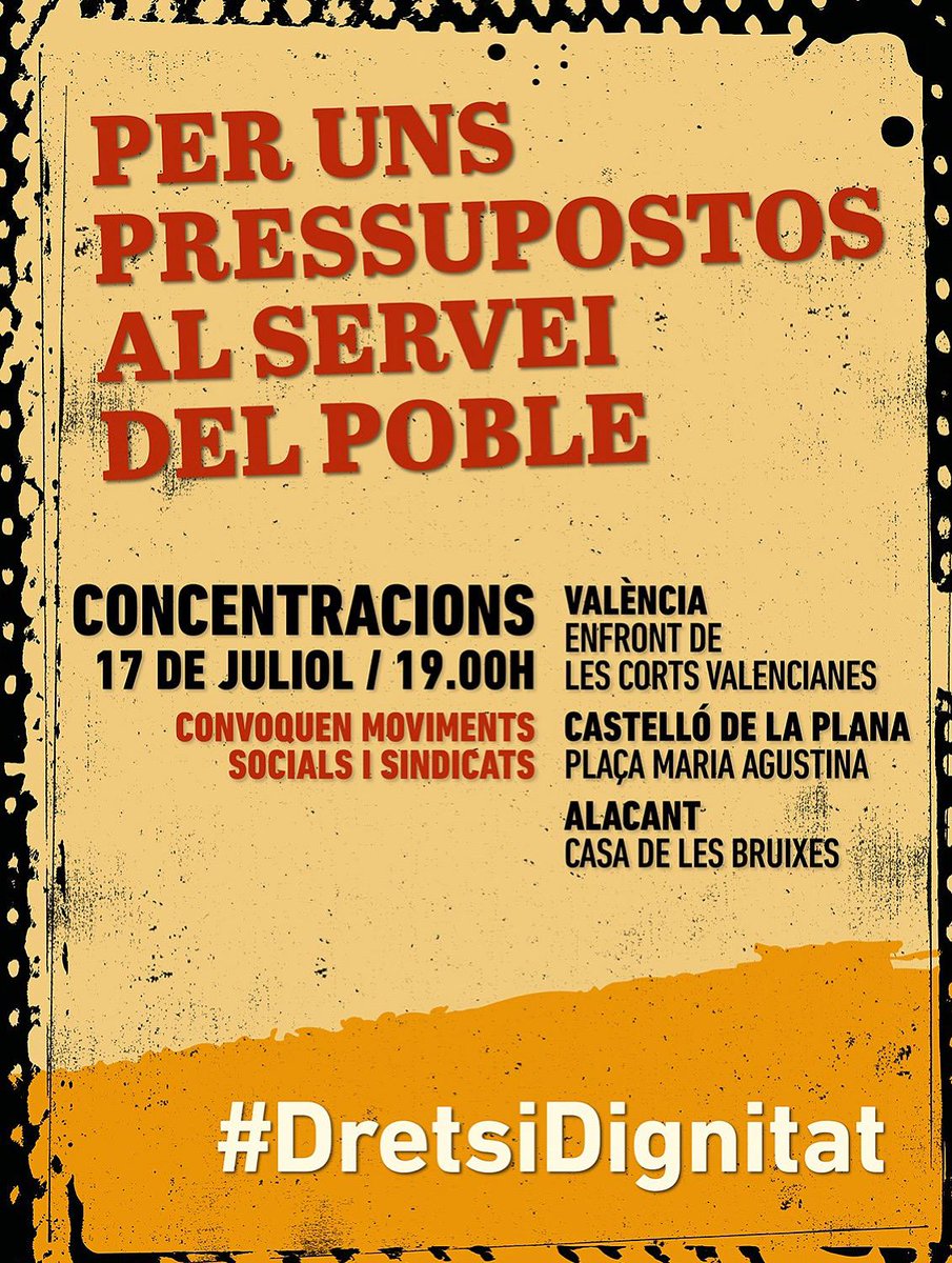 Unim-nos per a fer front a les polítiques regressives, les retallades de drets i els pressupostos de la vergonya del Govern de Mazón i Vox.✊

📆17 de juliol➡️19h
📍València - Enfront de les Corts Valencianes
📍Castelló - Plaça Maria Agustina
📍Alacant - Plaça de les Bruixes